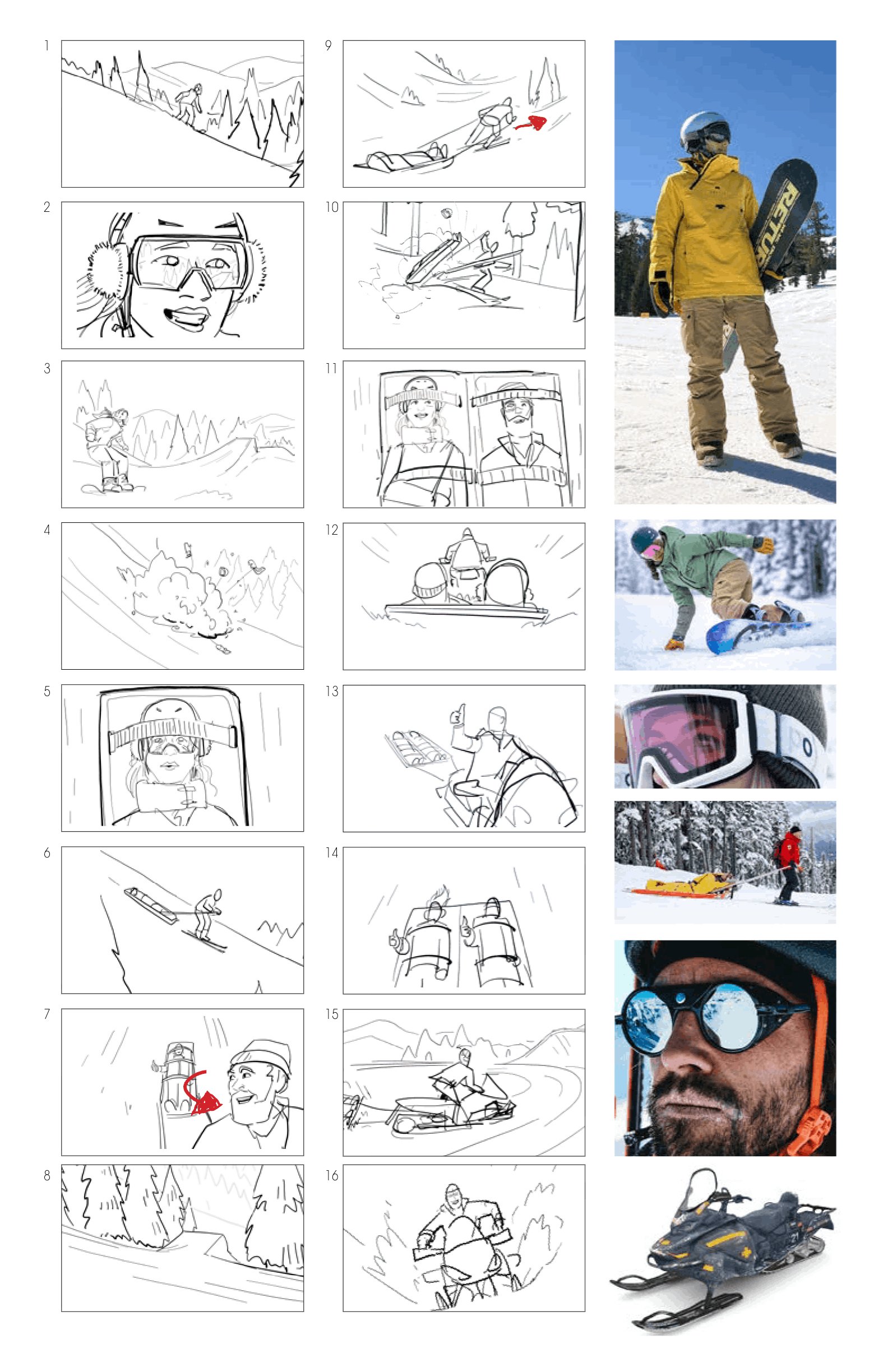 Hal Curtis' original storyboard, sheet 1, frames 1 to 16 with reference photos